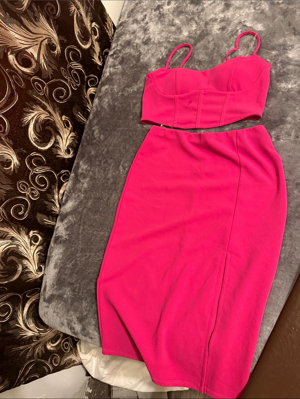 Hot Pink Two-Piece Crop Top and Pencil Skirt Set